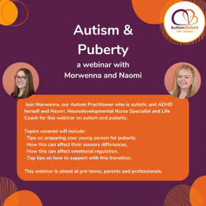 Poster detailing information for the webinar recording of autism and puberty