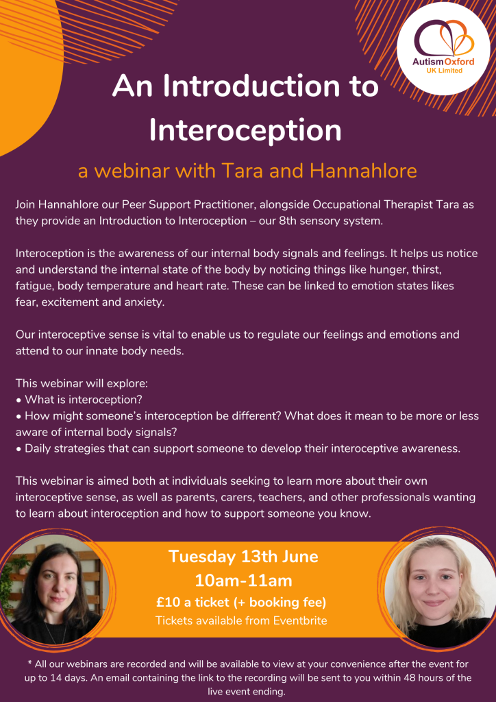 Poster detailing information about our Introduction to Interoception webinar on Tuesday 13th June at 10am with Tara and Hannahlore