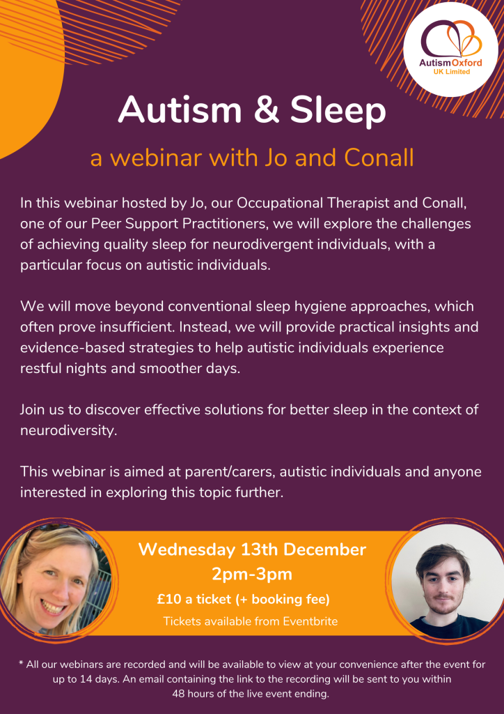 Poster detailing information about our Autism and Sleep webinar on Wednesday 13th December at 2pm with Jo and Conall