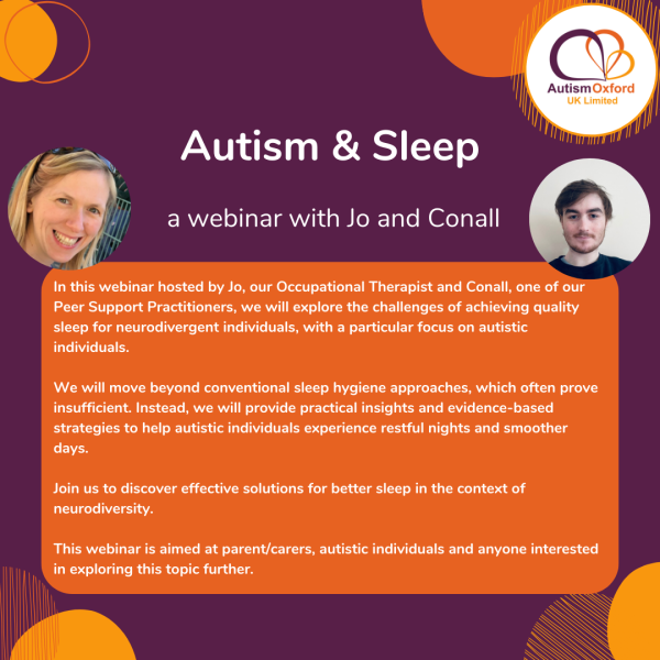Poster detailing information of our autism and sleep webinar recording with Jo and Conall.